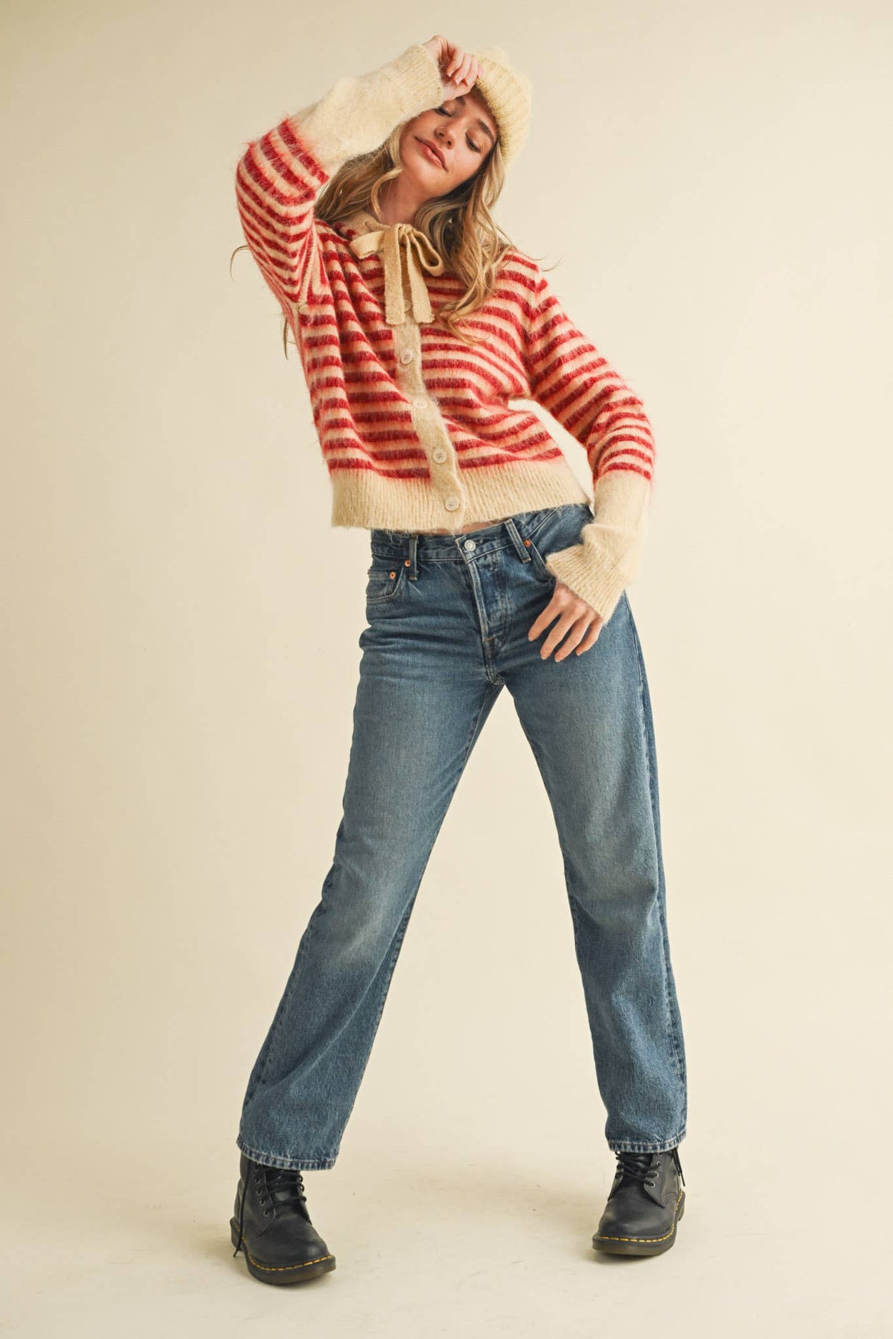 Cream Red Striped Hoodie Sweater Cardigan