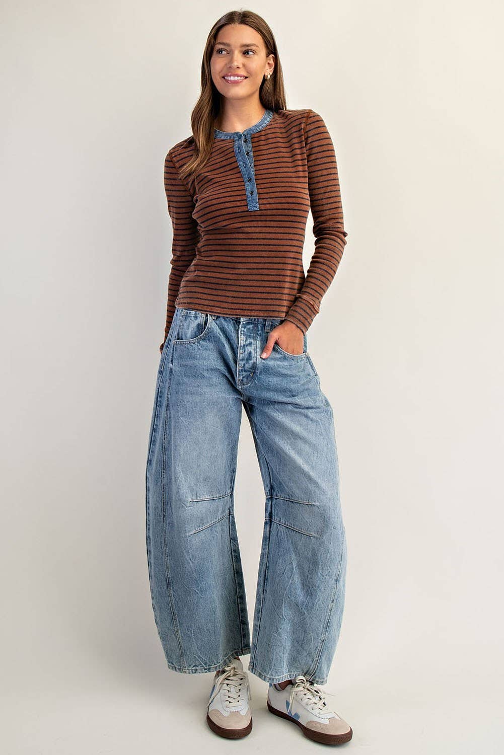 Cinnamon Snow Wash Two Tone Button Down Top