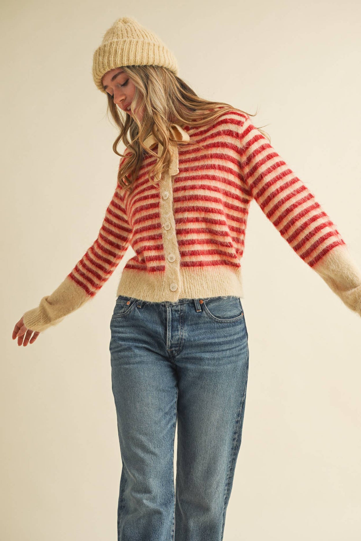 Cream Red Striped Hoodie Sweater Cardigan