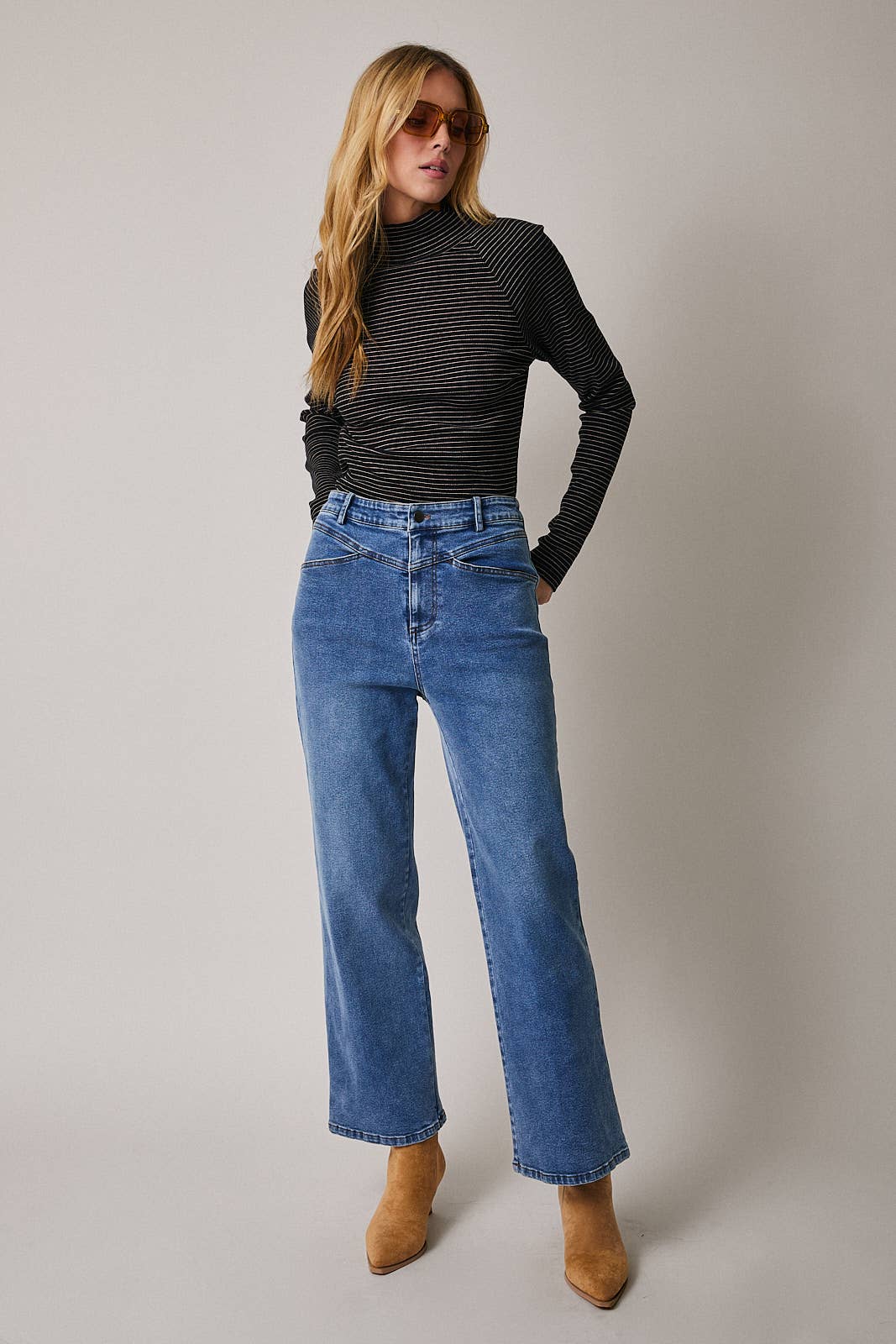 Black & Taupe Mock Neck Long Sleeve Stripe Top