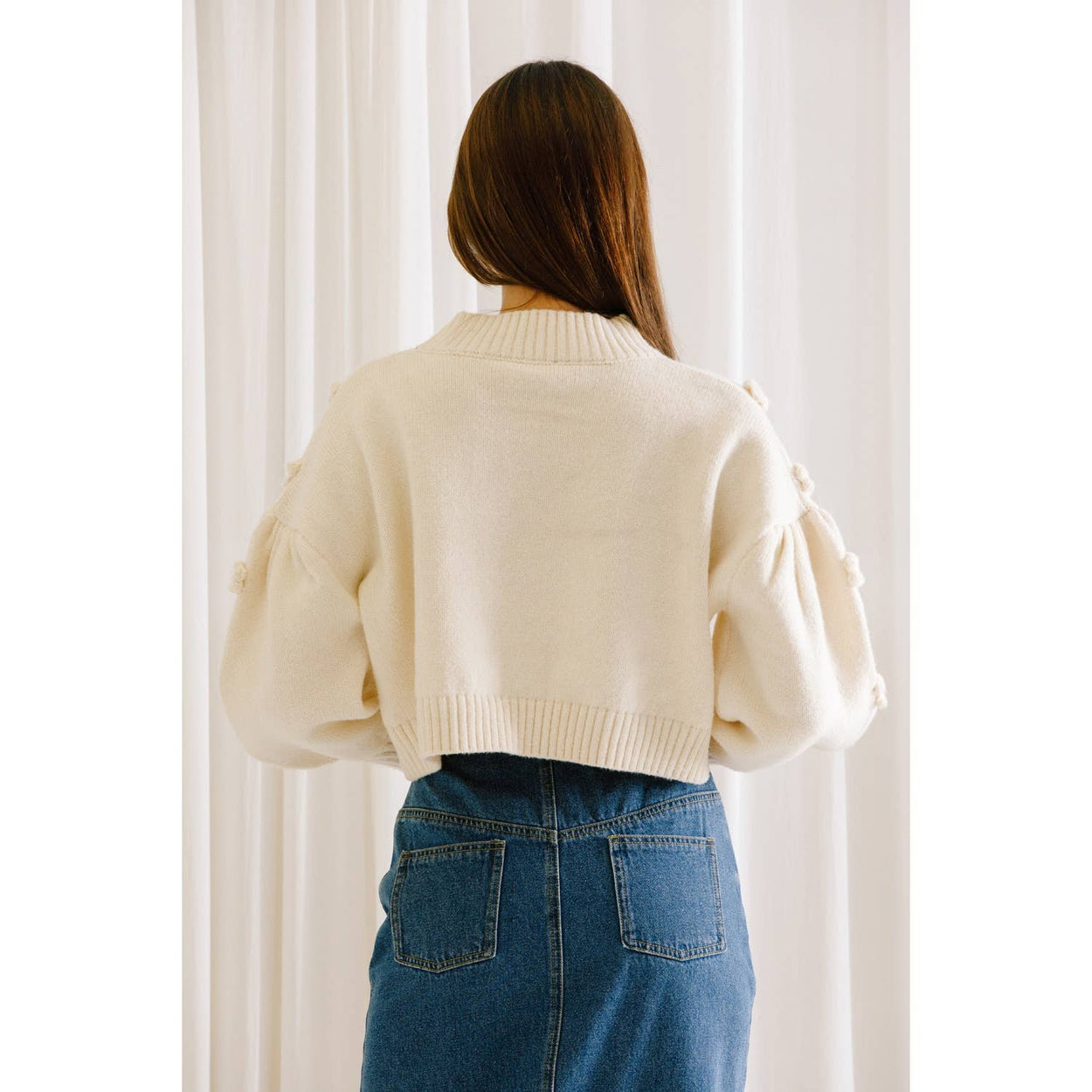 Cream Pom Pom Daisy Cropped Sweater