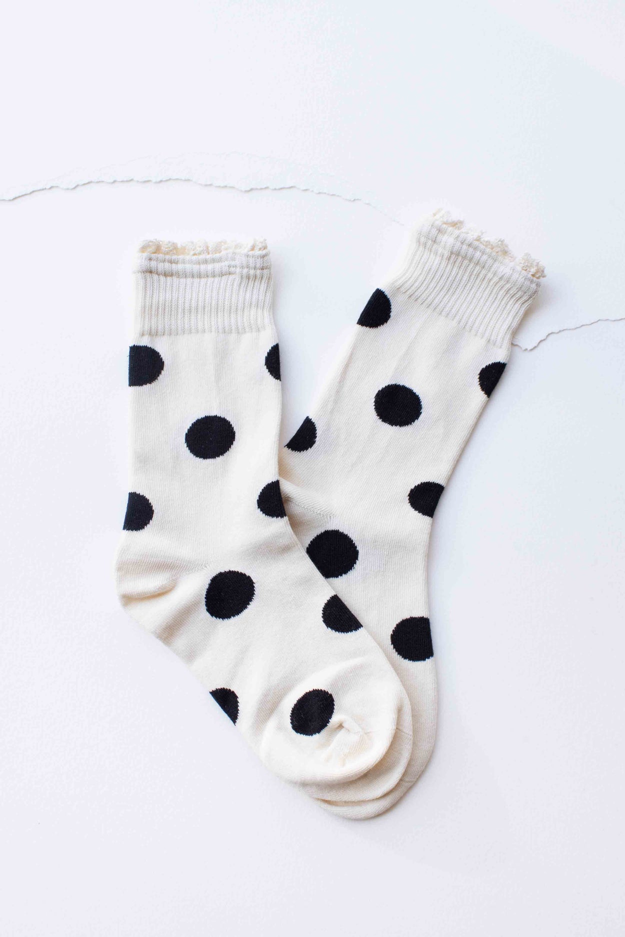 Cream Polka Dot Ruffle Trim Crew Socks