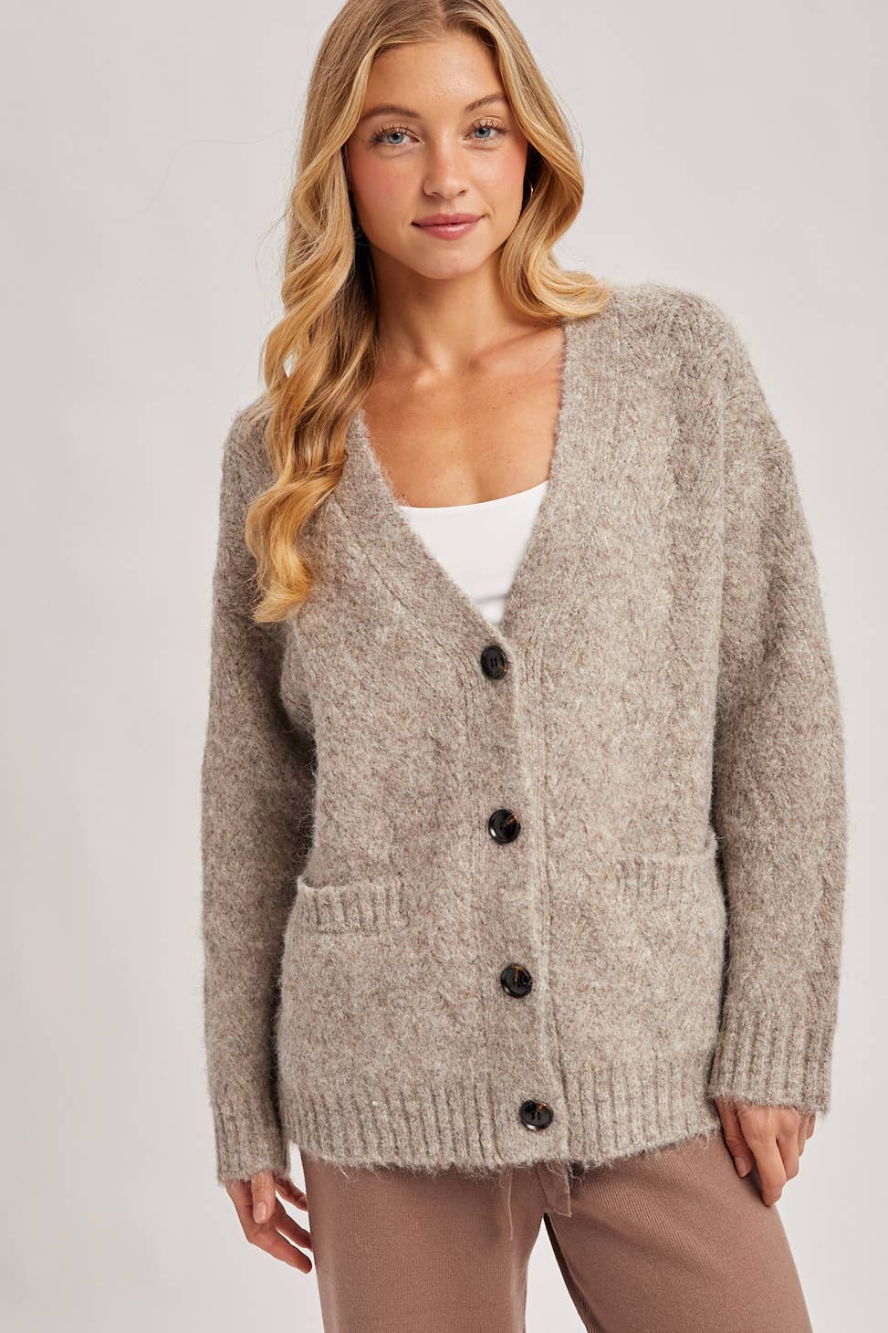 Latte Button Down Knit Sweater Cardigan