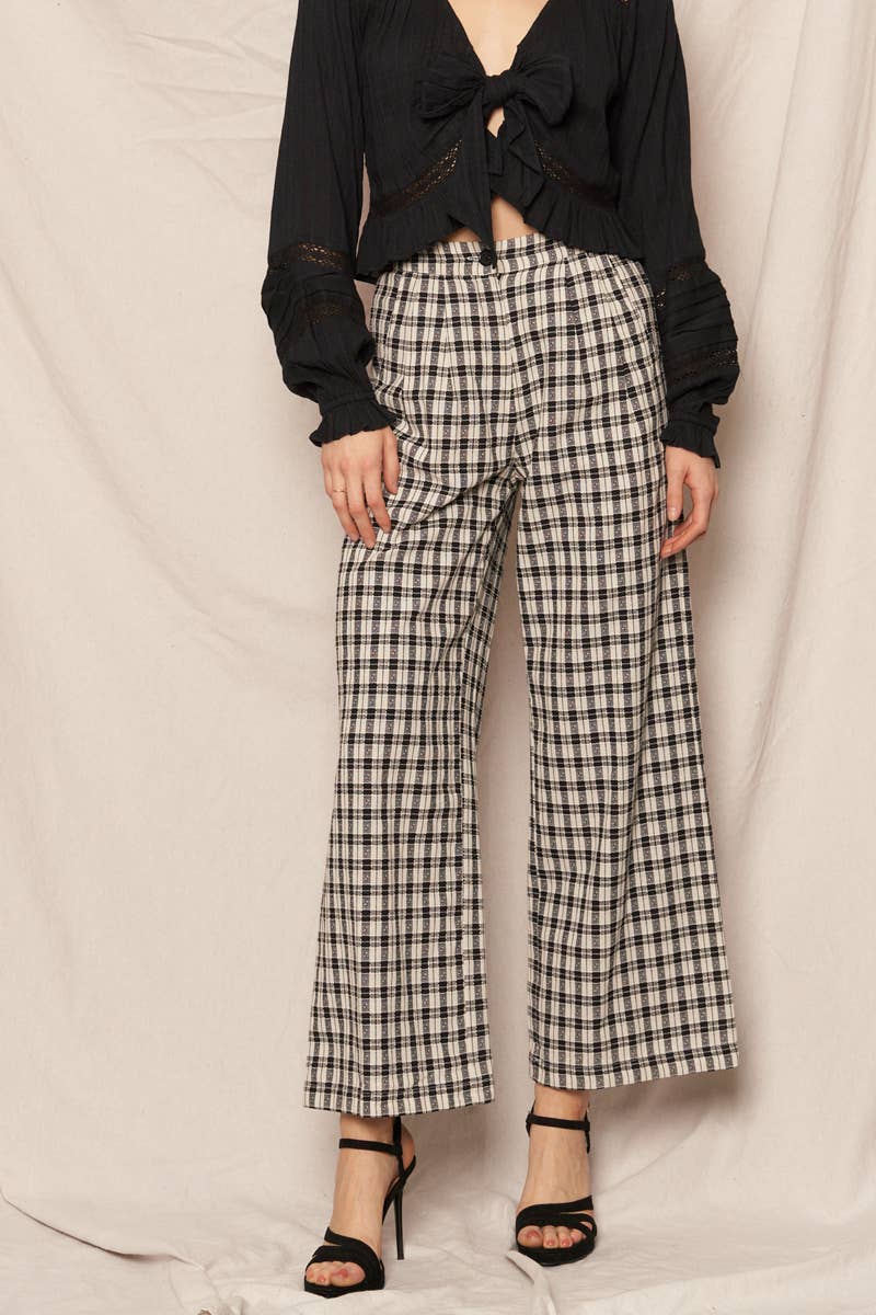 Ivory & Black Plaid Wide Leg Pants with Back Elastic