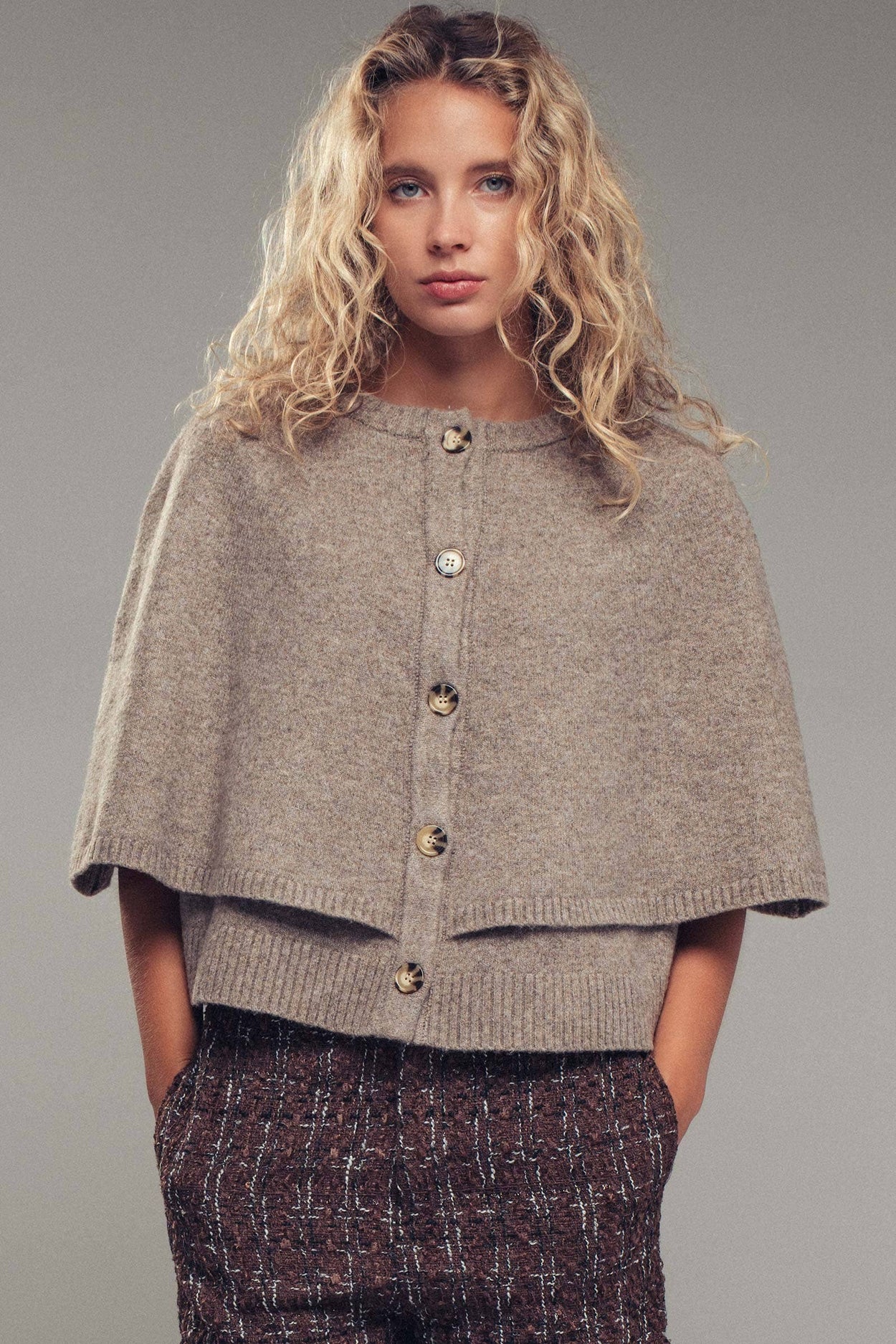 Mocha Wool Blend Button-Front Sweater Cape