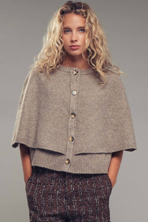 Mocha Wool Blend Button-Front Sweater Cape