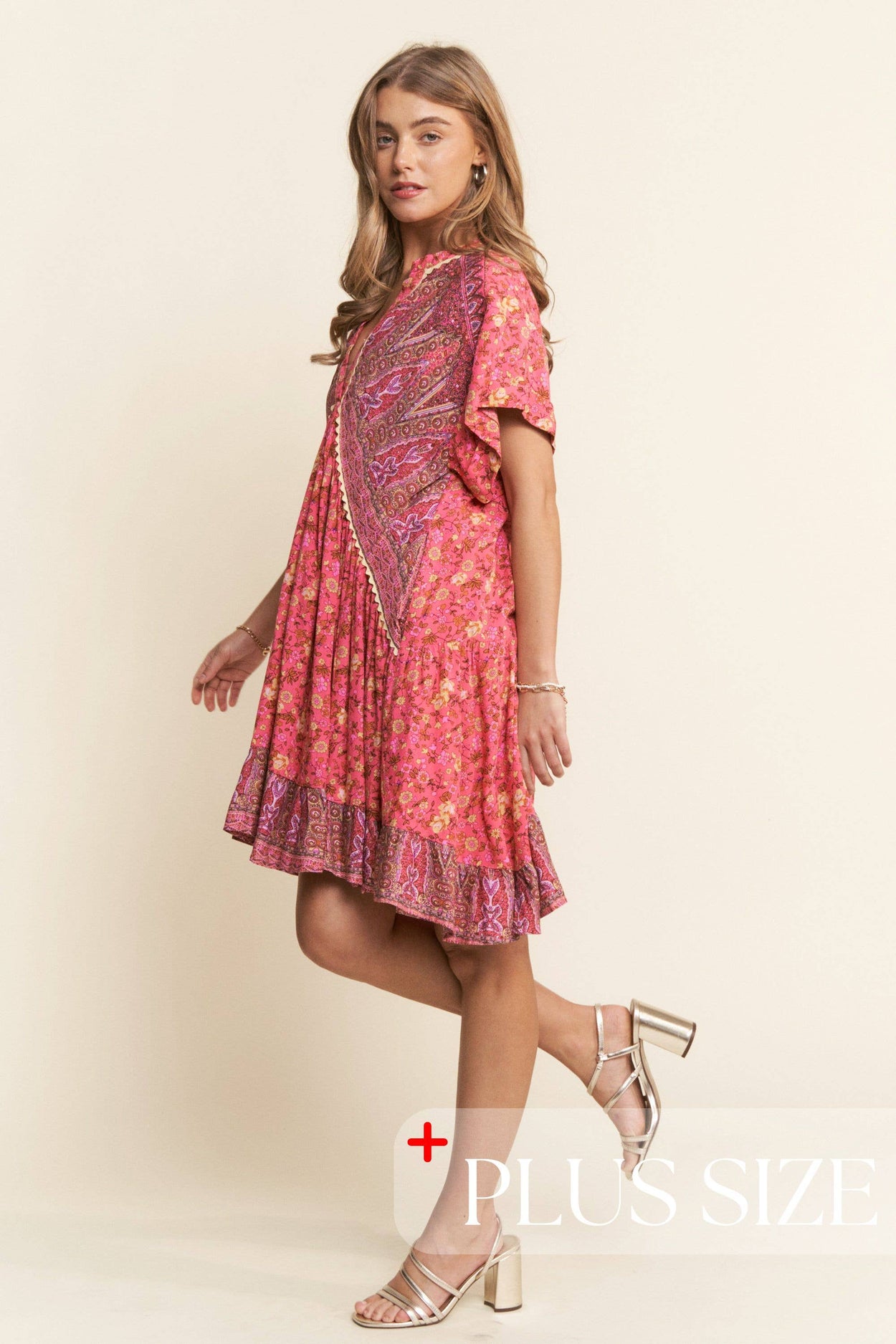Floral Multi Print Tiered Tunic V Neck Dress