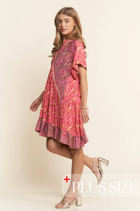 Floral Multi Print Tiered Tunic V Neck Dress