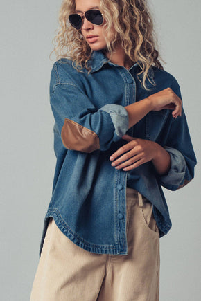 Elbow Patch Denim Button-Up Shirt