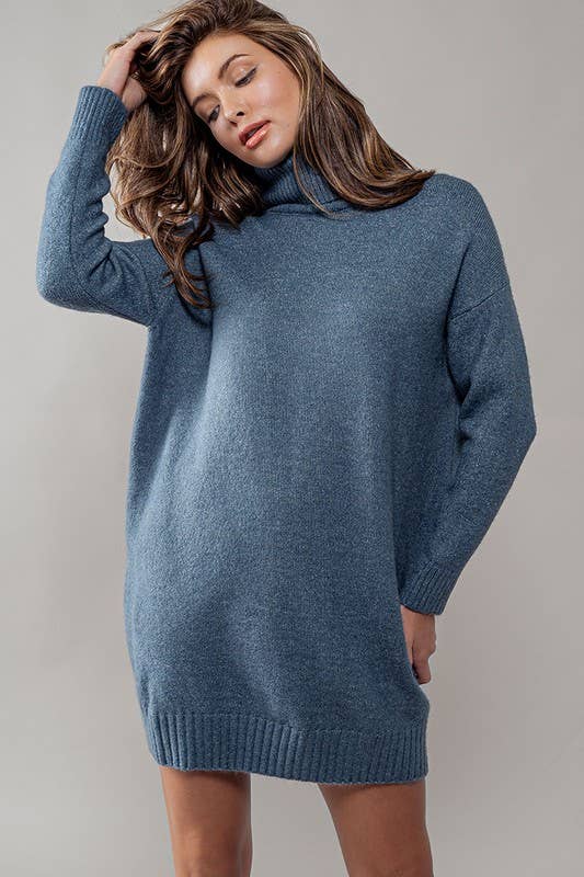 Teal Thick Turtleneck Loose Fit Knit Sweater Dress