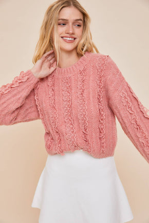 Pink Lace Ruffle Knit Top