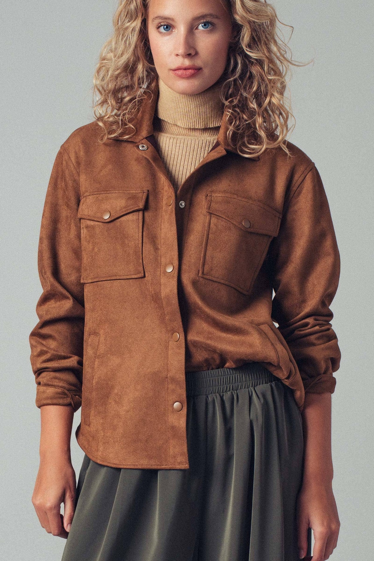 Camel Faux Suede Button-Up Shacket
