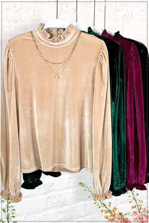 Emerald Soft Velvet Long Puff Sleeve Blouse Holiday Top