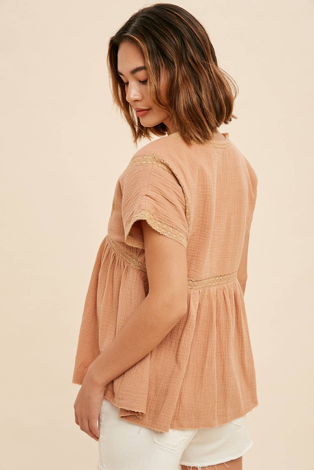 Lace Accent V Neck Blouse