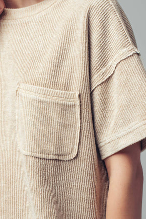 Khaki Boxy Corduroy Pocket T-Shirt