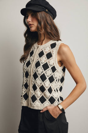 Black Crochet Diamond Pattern Vest