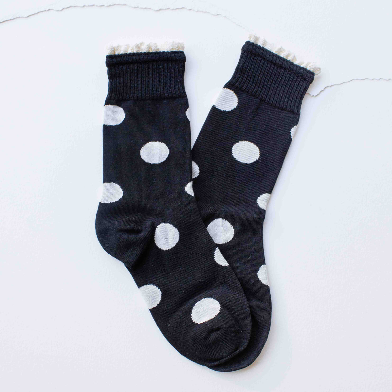 Cream Polka Dot Ruffle Trim Crew Socks