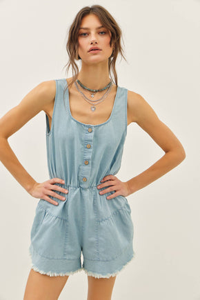 Denim Romper With Distressed Detailing