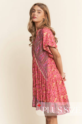 Floral Multi Print Tiered Tunic V Neck Dress