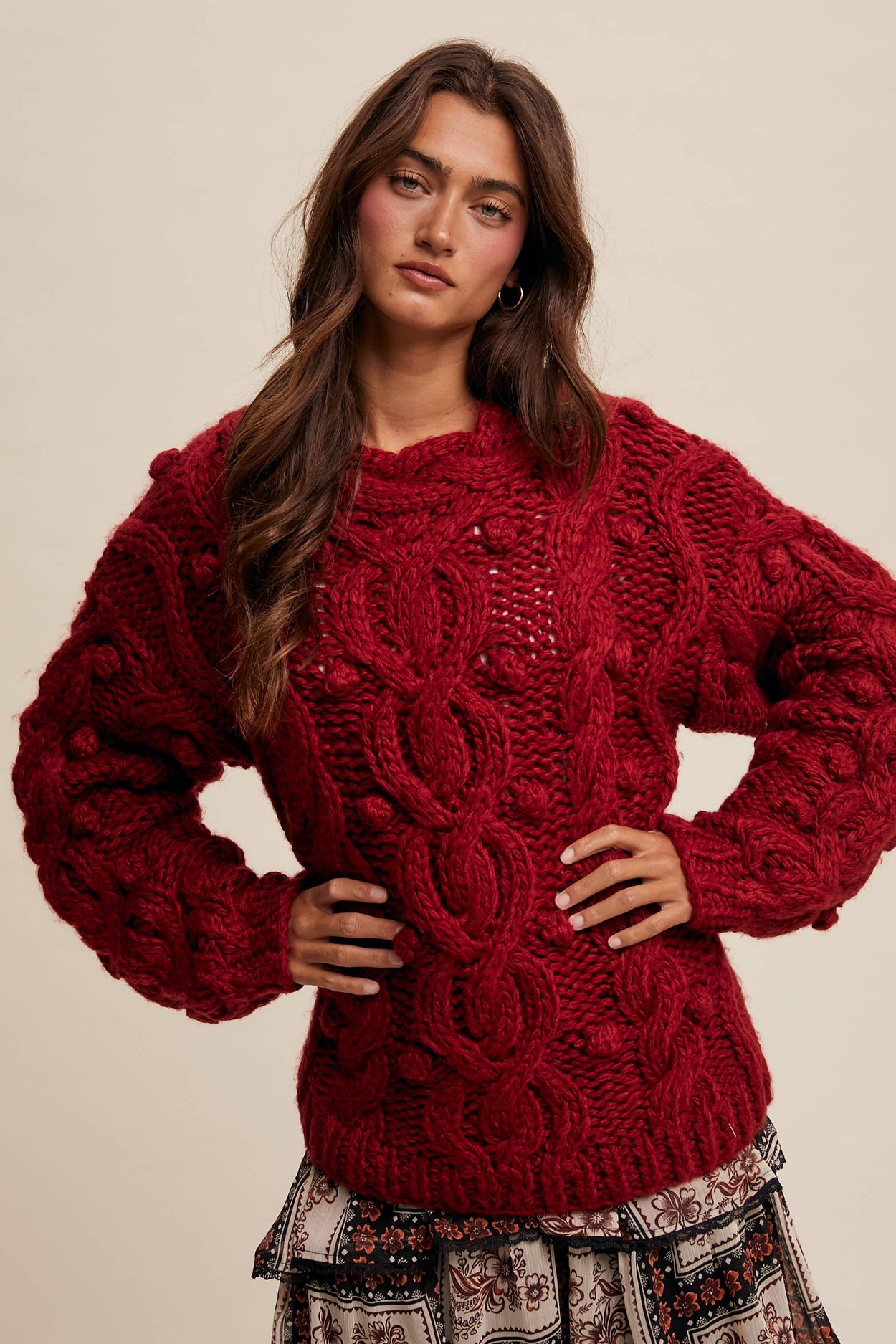 Red Chunky Cable Knit Sweater