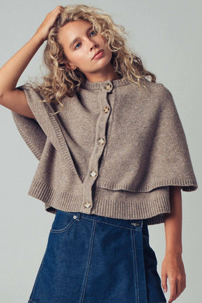 Mocha Wool Blend Button-Front Sweater Cape