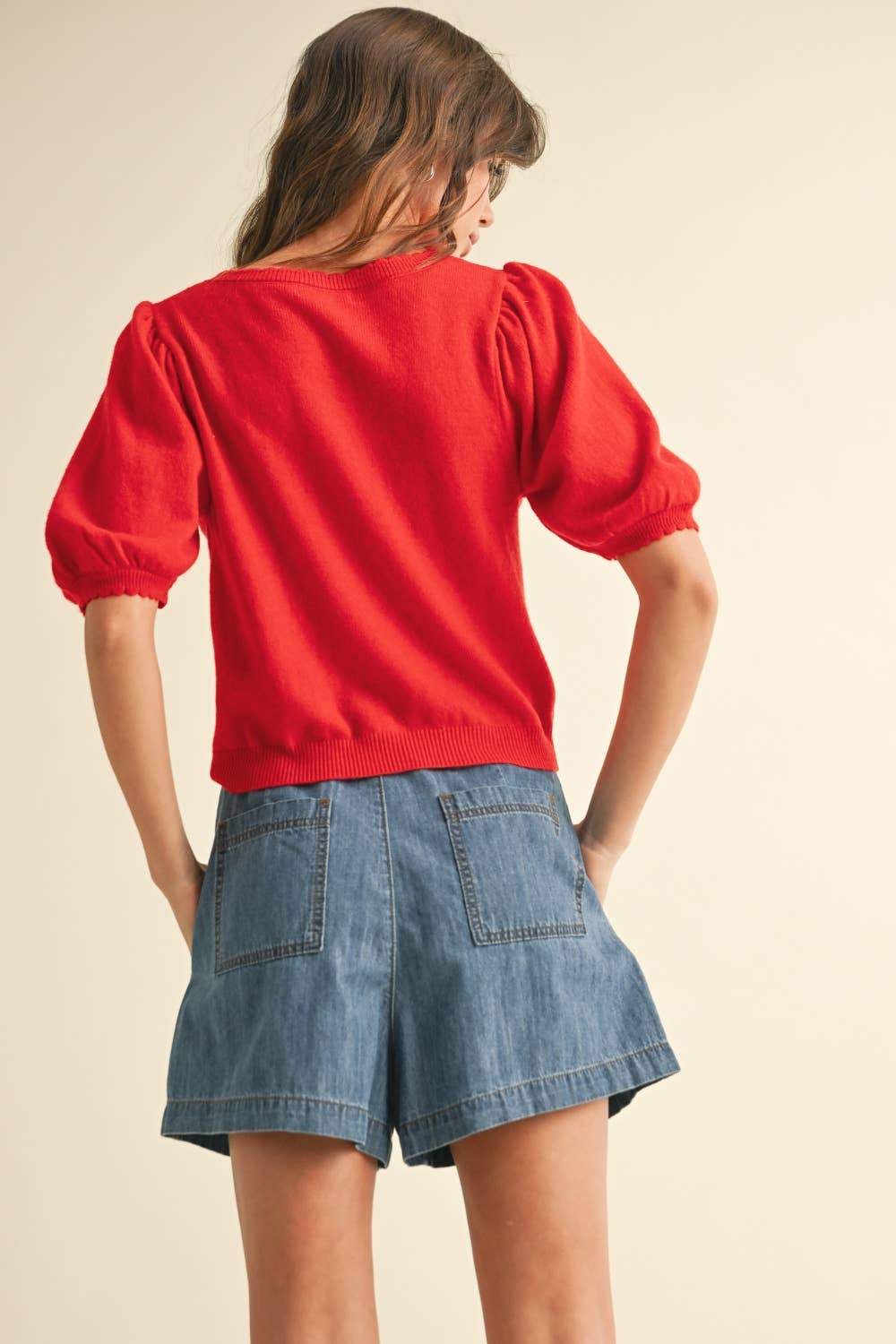 Red Puff Short Sleeve Knit Cardigan