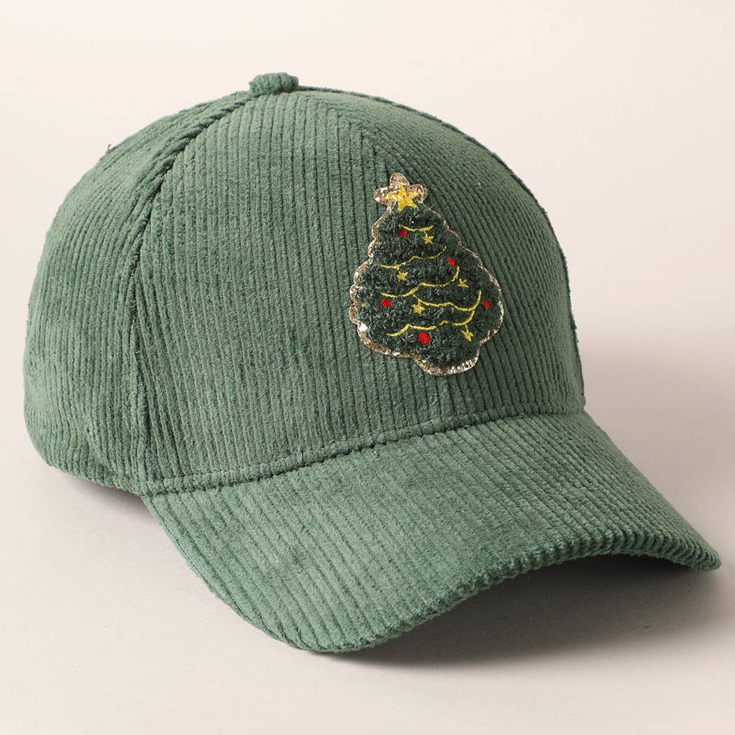 Christmas Tree Patch Corduroy Baseball Cap In Sage