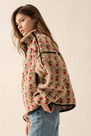 Rose Floral-Print Fleece Half-Zip Jacket