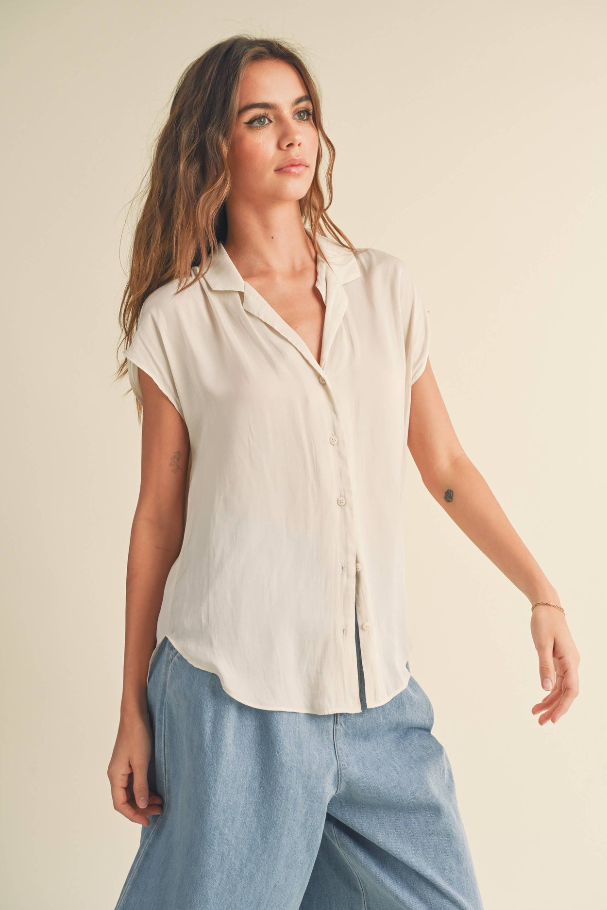 White Button Down Cap Sleeve Blouse