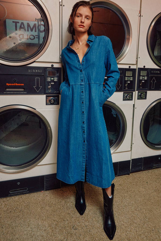Blue Long Sleeve Denim Shirts Dress