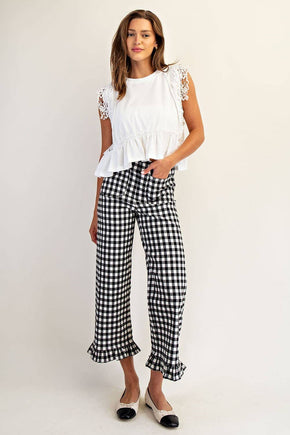 Black Gingham Ruffle Trim Straight Leg Pants