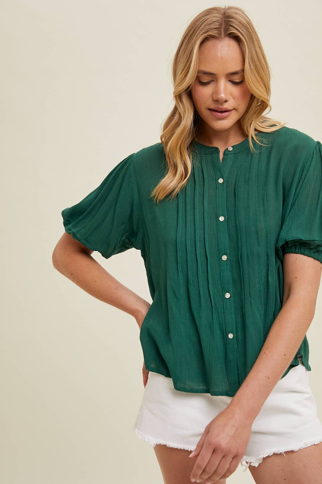 Green Balloon Sleeve Pleated Blouse