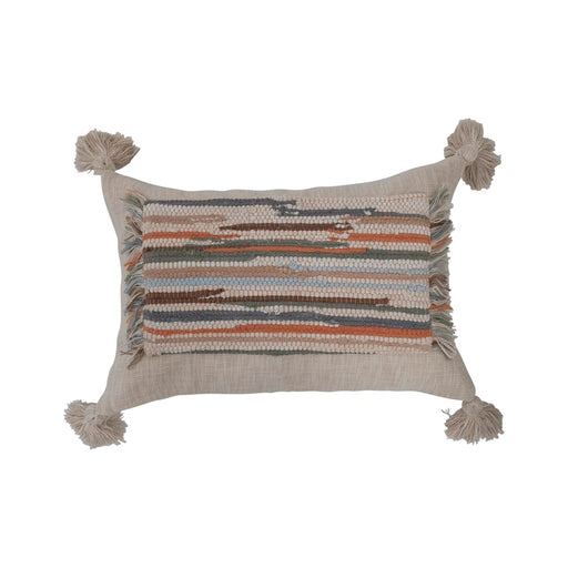 Woven Cotton Slub Lumbar Pillow With Applique, Fringe & Tassels