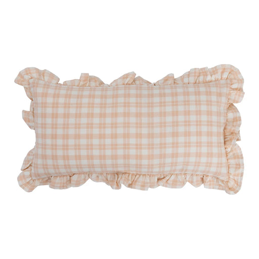 Pink Cotton Lumbar Plaid Pillow With Ruffle