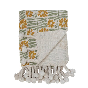 Woven Recycled Cotton Blend Printed Throw WIth Flowers & Braided Pom Pom Tassels