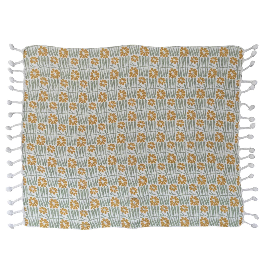Woven Recycled Cotton Blend Printed Throw WIth Flowers & Braided Pom Pom Tassels