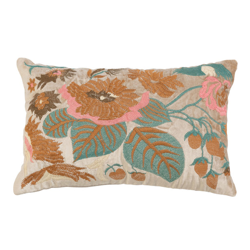 Cotton Velvet Lumbar Pillow With Floral Embroidery & Chambray Back