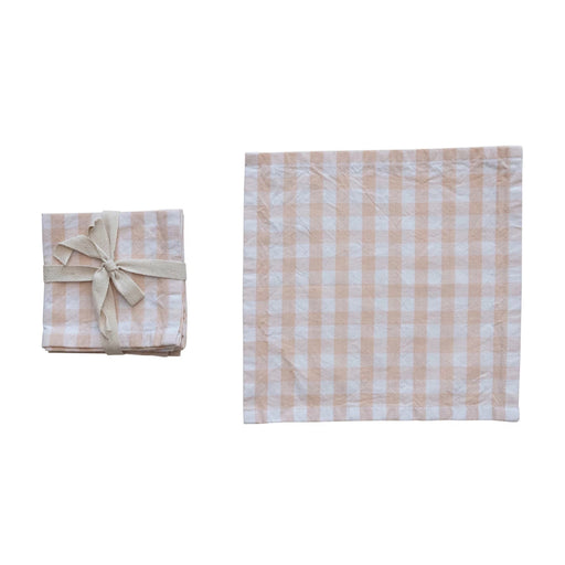 Blush Cotton Cocktail Napkins With Gingham Pattern