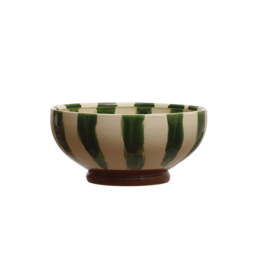 Hand Painted Stoneware Footed Bowl With Stripes