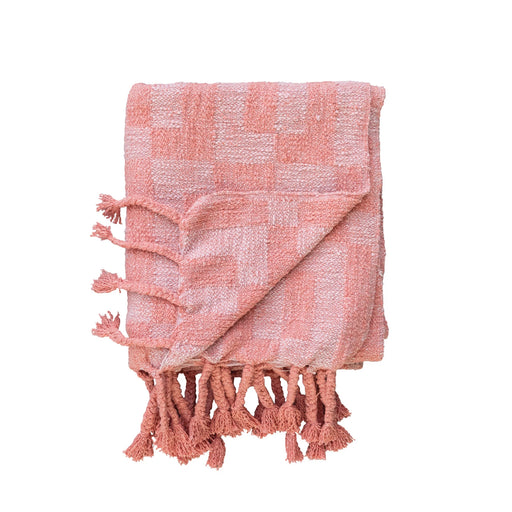 Pink Woven Cotton Blend Throw With Geometric Pattern & Braided Fringe
