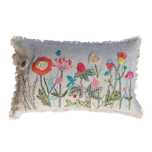 Cotton Slub Lumbar Pillow With Flowers
