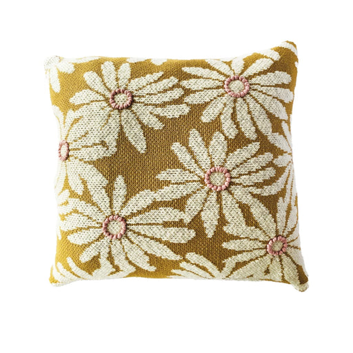 Cotton Knit Pillow With Flowers & Embroidery
