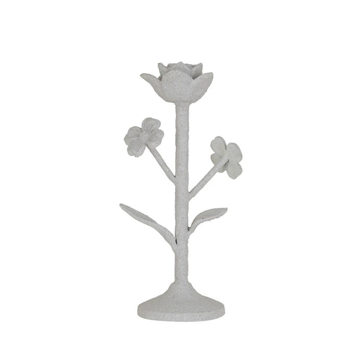 White Coarse Cast Iron Flower Taper Holder With Flowers