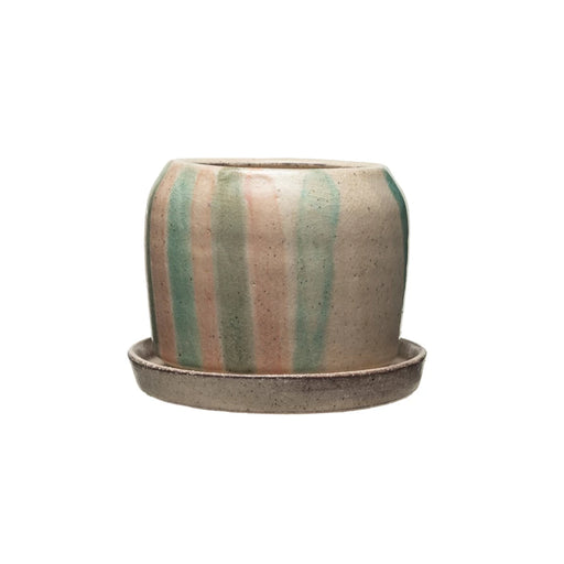 Hand Painted Terracotta Planter With Saucer & Stripes