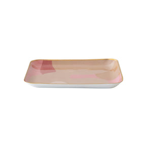 Pink & Tan Enameled Metal Tray With Abstract Design & Gold Finish Rim