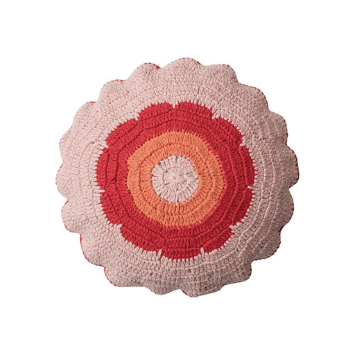 Round Cotton Slub Crocheted Pillow With Scalloped Edge