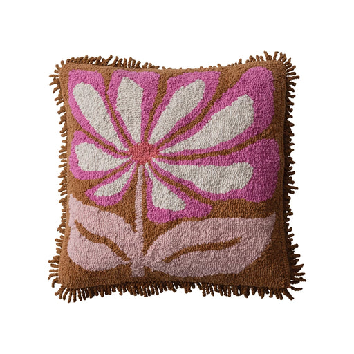 Cotton Tufted Pillow With Flowers & Fringe