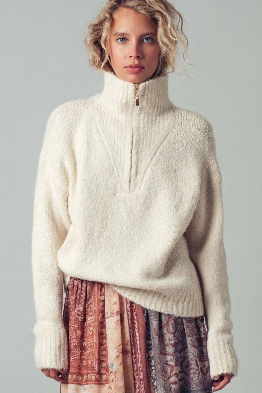 Ivory Textured Quarter-Zip Fold Collar Sweater