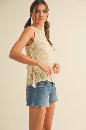 Custard Cream Crinkle Texture Side Tying Tank