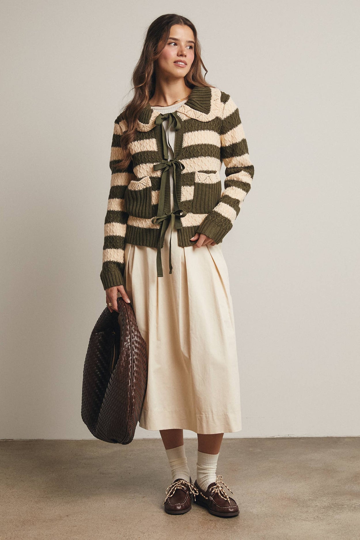 Dark Olive Striped Knit Peter Pan Collar Cardigan
